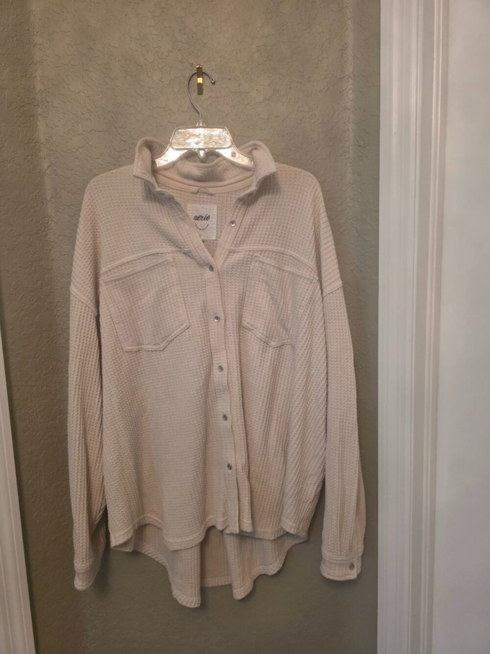 Aerie Eggshell Beige Waffle Knit Thermal Button Down Oversized Shacket Shirt XL